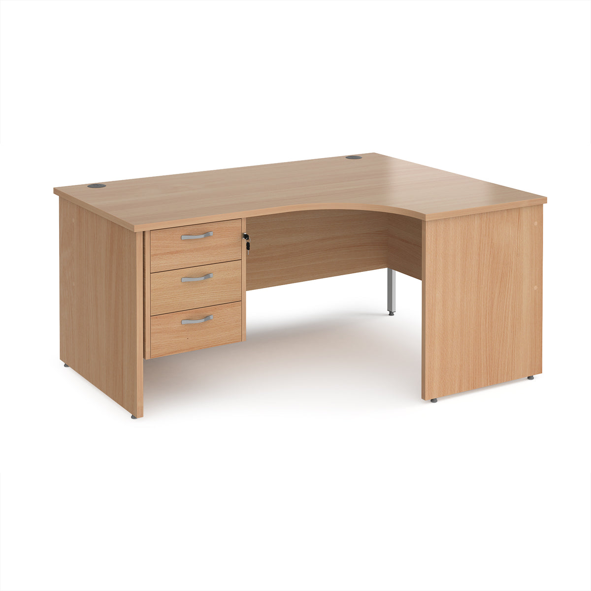 Maestro 25 right hand ergonomic desk 1600mm wide with 3 drawer pedestal - Beech top with panel end leg - view 1