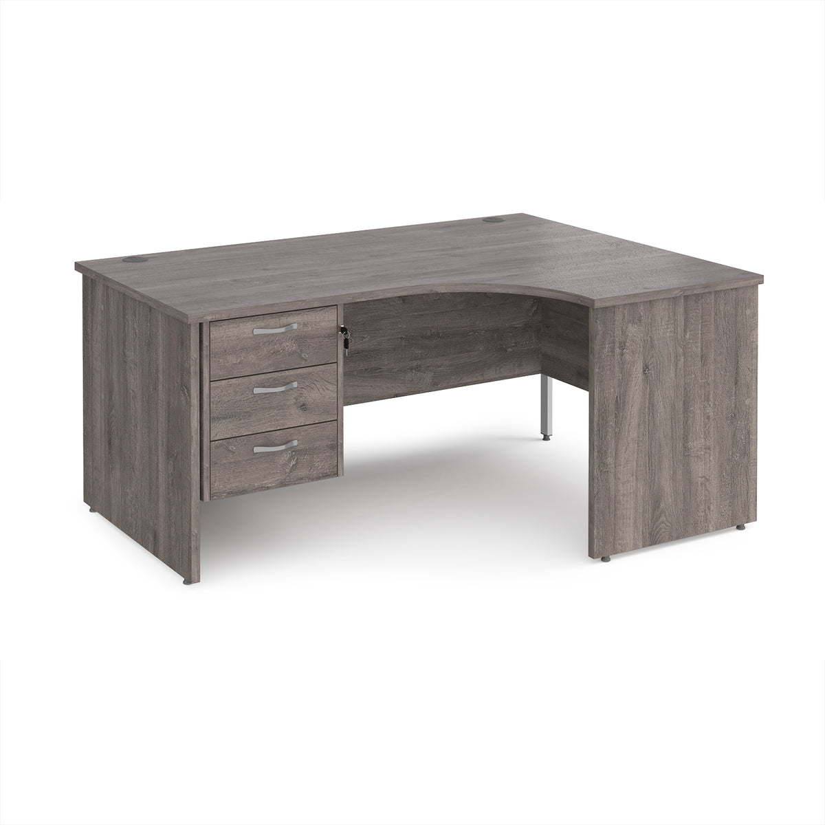 Maestro 25 right hand ergonomic desk 1600mm wide with 3 drawer pedestal - Grey Oak Top with panel end leg - view 1