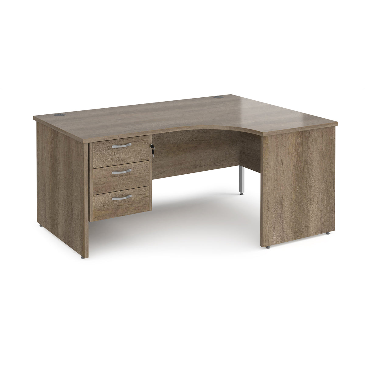 Maestro 25 right hand ergonomic desk 1600mm wide with 3 drawer pedestal - Nebraska Oak Top with panel end leg - view 1
