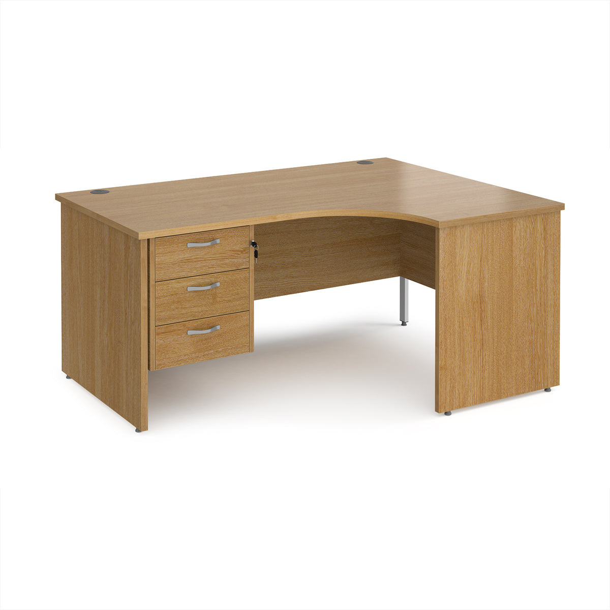 Maestro 25 right hand ergonomic desk 1600mm wide with 3 drawer pedestal - Oak Top with panel end leg - view 1