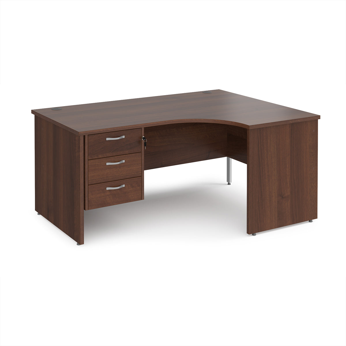 Maestro 25 right hand ergonomic desk 1600mm wide with 3 drawer pedestal - Walnut top with panel end leg - view 1
