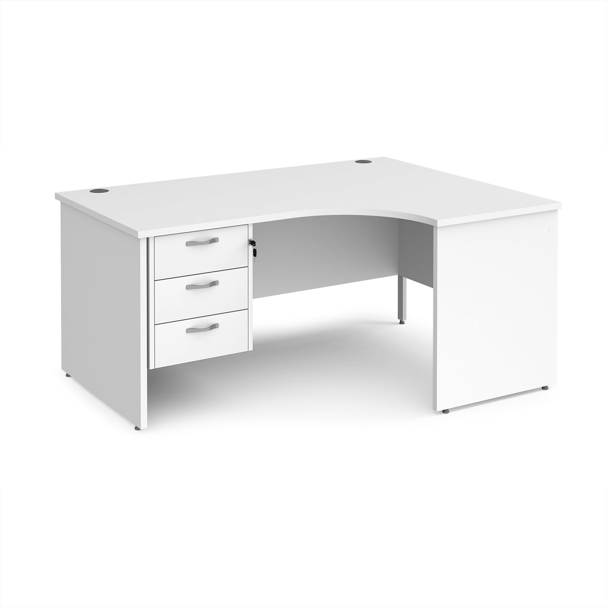 Maestro 25 right hand ergonomic desk 1600mm wide with 3 drawer pedestal - White Top with panel end leg - view 1