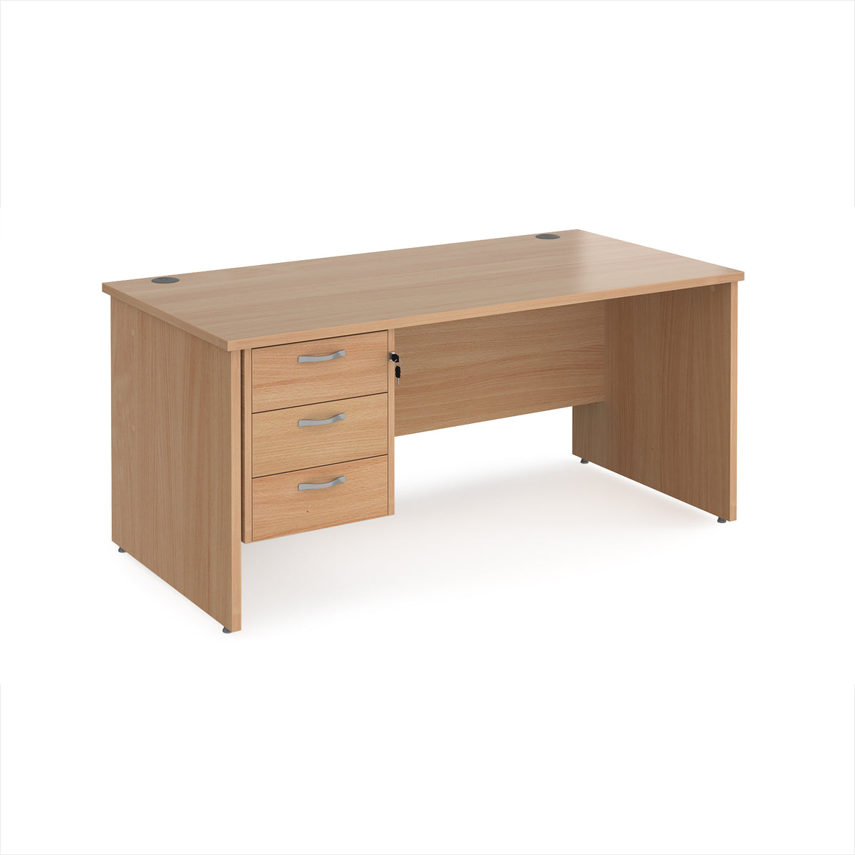 Maestro 25 straight desk 1600mm x 800mm with 3 drawer pedestal - Beech top with panel end leg - view 1
