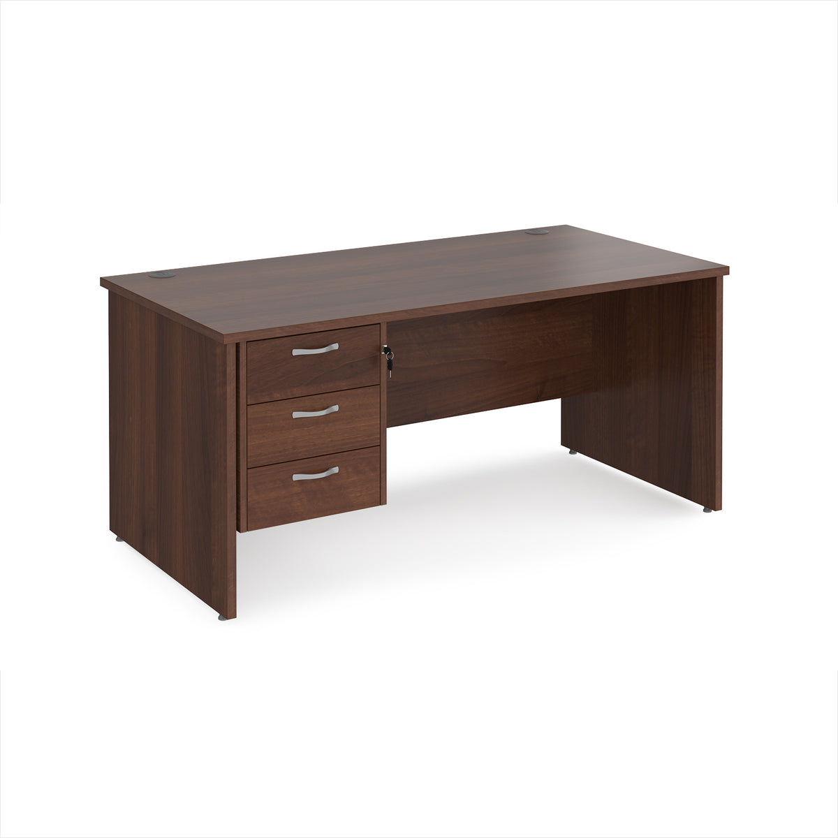 Maestro 25 straight desk 1600mm x 800mm with 3 drawer pedestal - Walnut top with panel end leg - view 1
