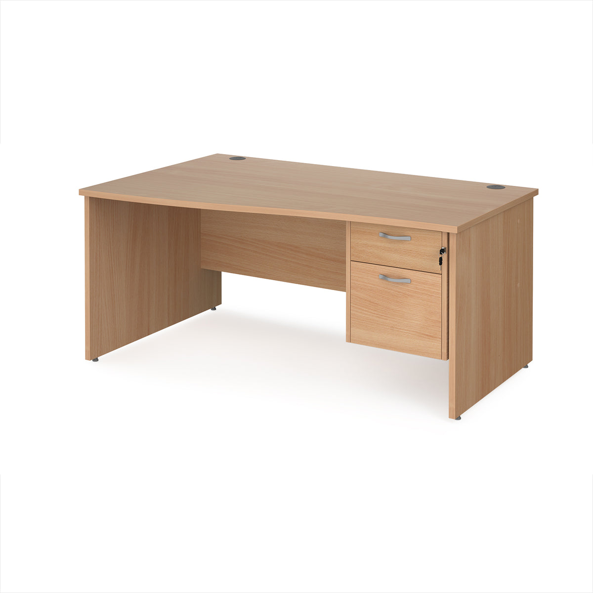 Maestro 25 left hand wave desk 1600mm wide with 2 drawer pedestal - Beech top with panel end leg - view 1