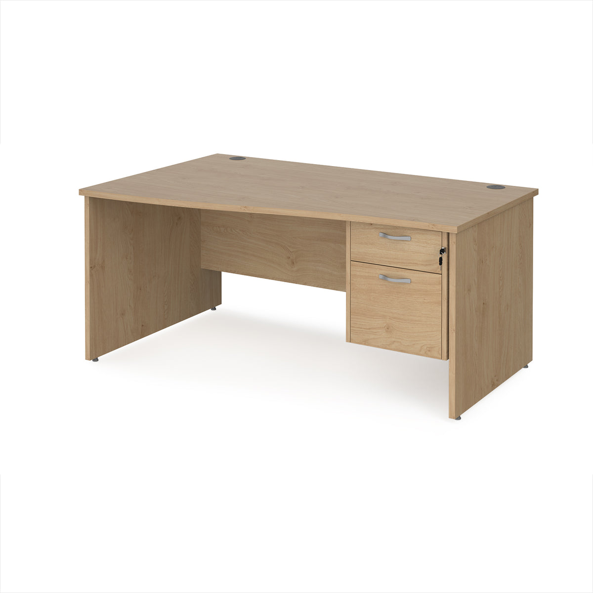Maestro 25 left hand wave desk 1600mm wide with 2 drawer pedestal - Kendal Oak Top with panel end leg - view 1