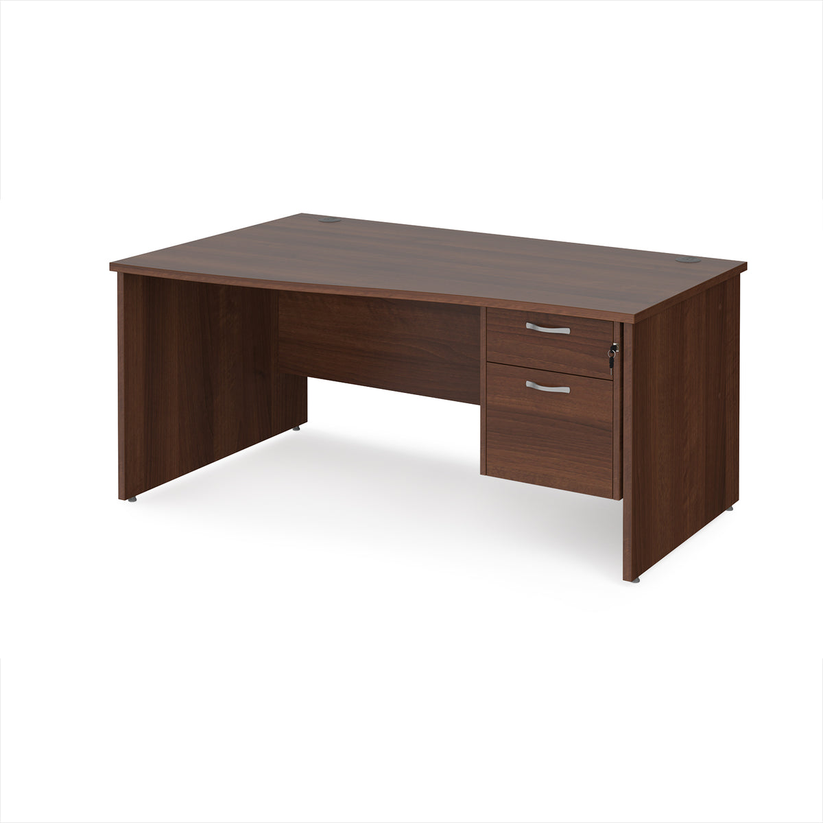 Maestro 25 left hand wave desk 1600mm wide with 2 drawer pedestal - Walnut top with panel end leg - view 1