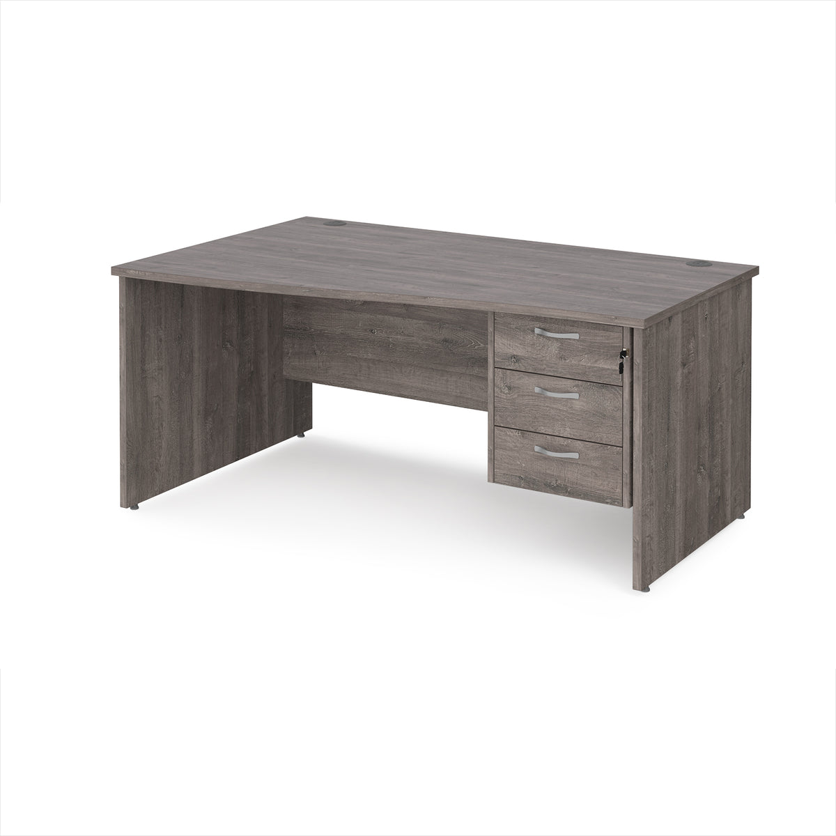 Maestro 25 left hand wave desk 1600mm wide with 3 drawer pedestal - Grey Oak Top with panel end leg - view 1