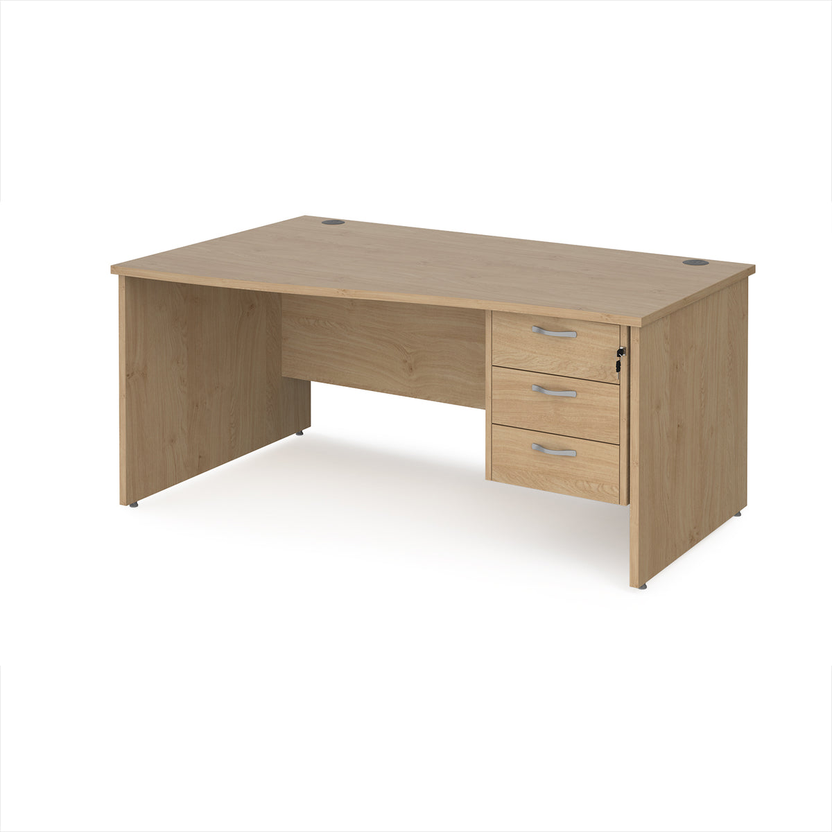 Maestro 25 left hand wave desk 1600mm wide with 3 drawer pedestal - Kendal Oak Top with panel end leg - view 1
