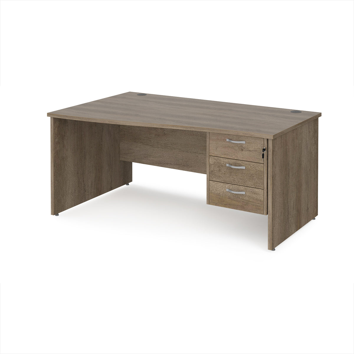 Maestro 25 left hand wave desk 1600mm wide with 3 drawer pedestal - Nebraska Oak Top with panel end leg - view 1