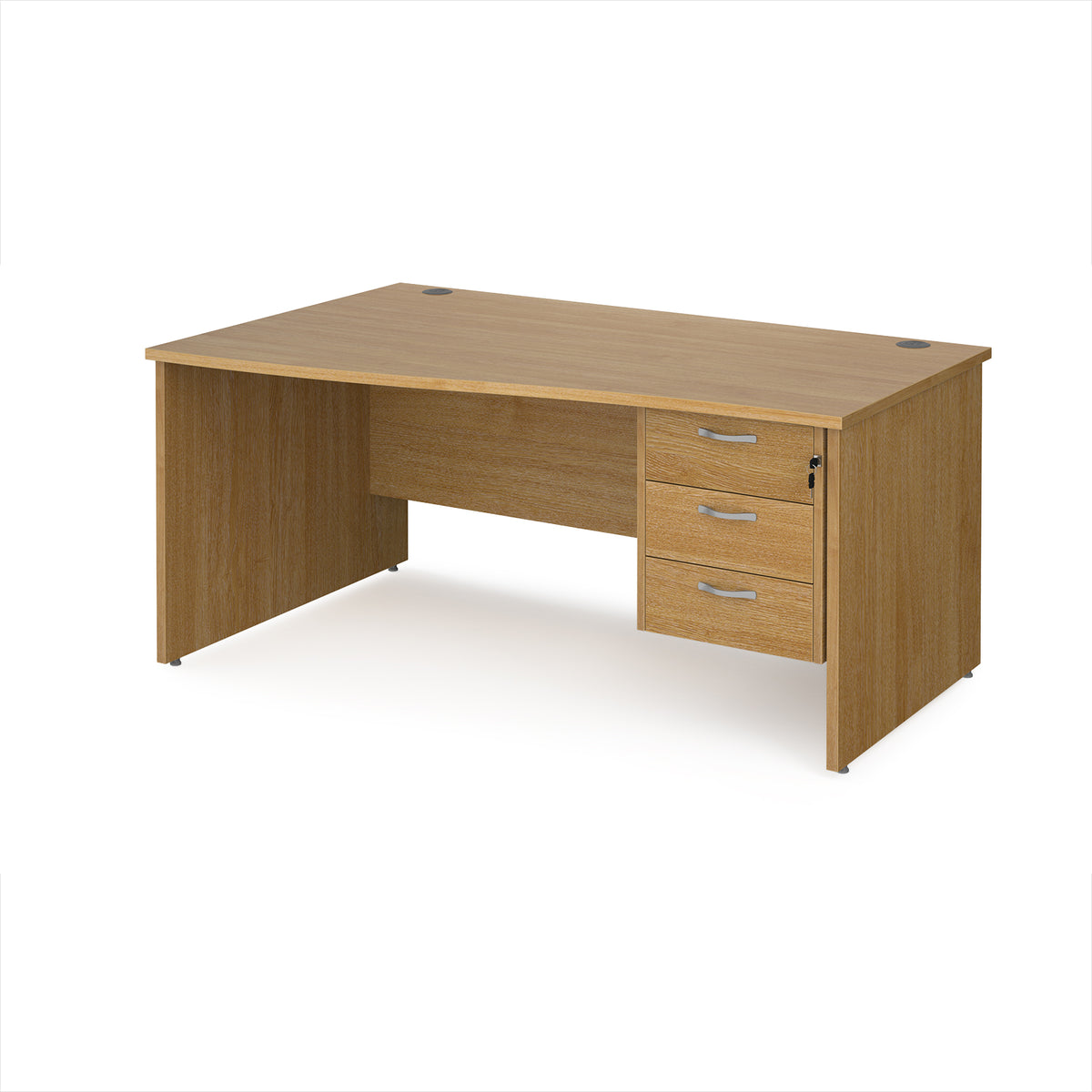 Maestro 25 left hand wave desk 1600mm wide with 3 drawer pedestal - Oak Top with panel end leg - view 1