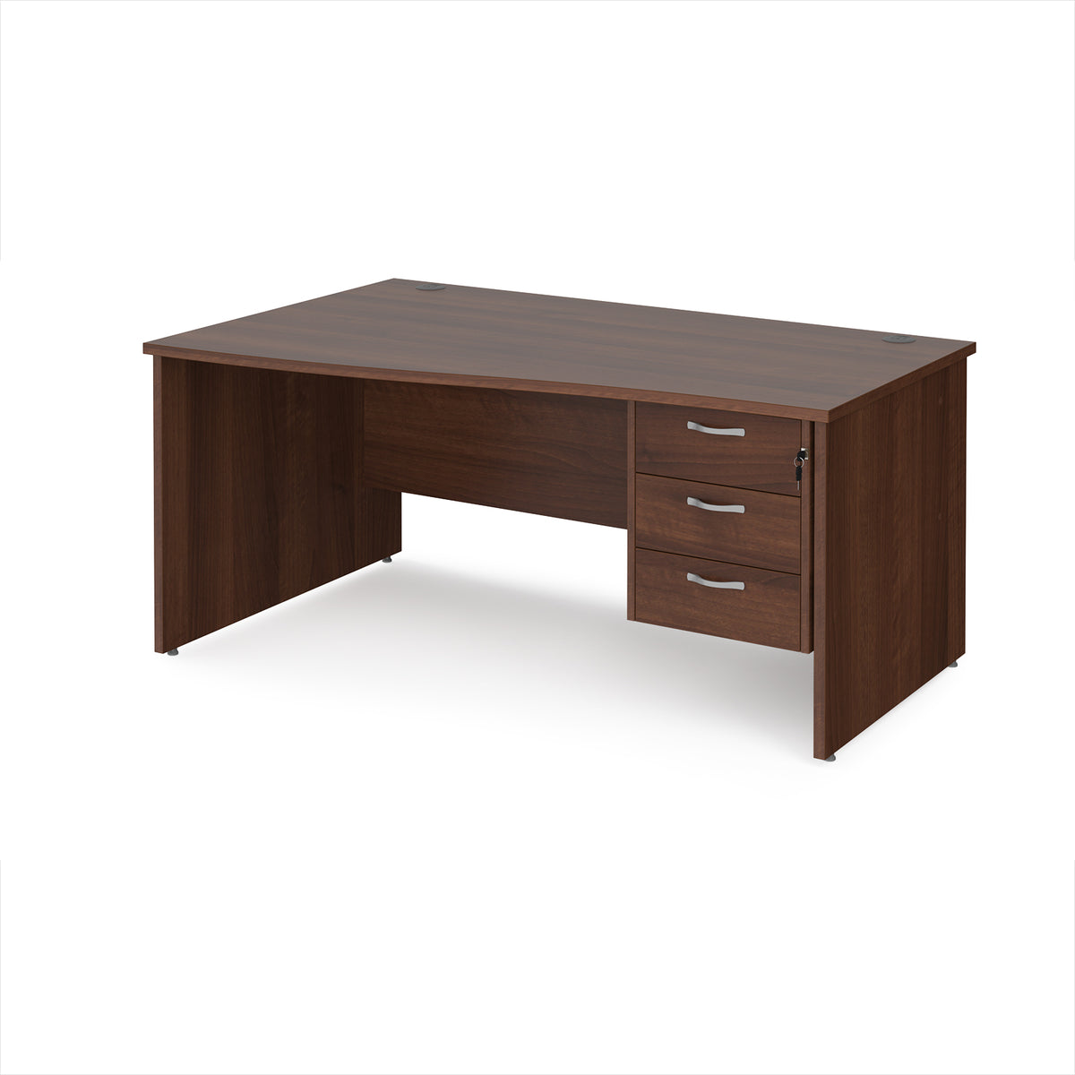 Maestro 25 left hand wave desk 1600mm wide with 3 drawer pedestal - Walnut top with panel end leg - view 1