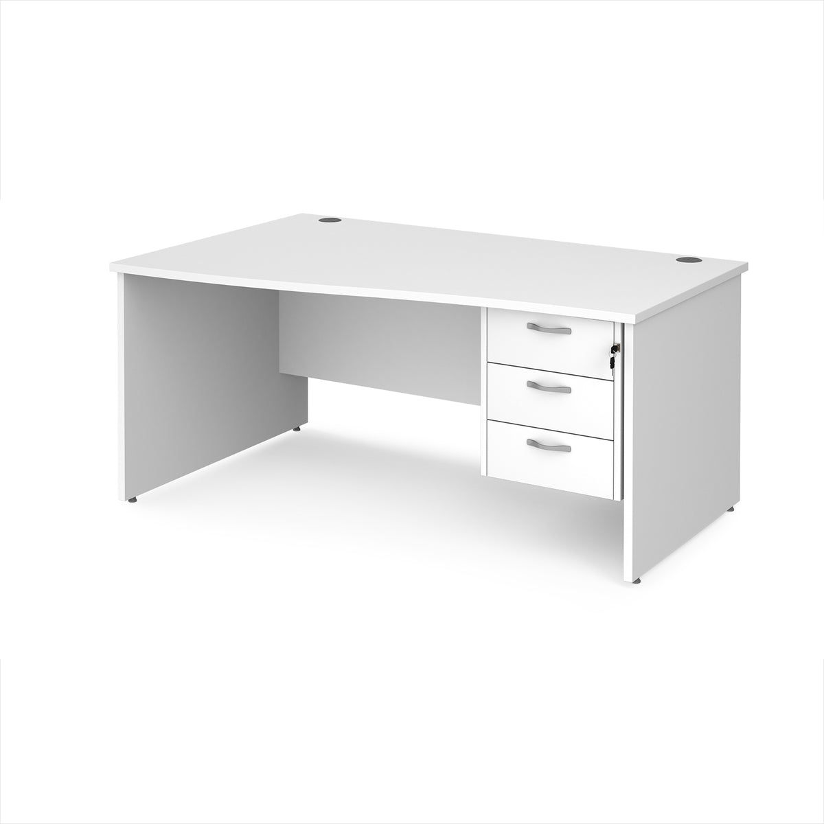 Maestro 25 left hand wave desk 1600mm wide with 3 drawer pedestal - White Top with panel end leg - view 1