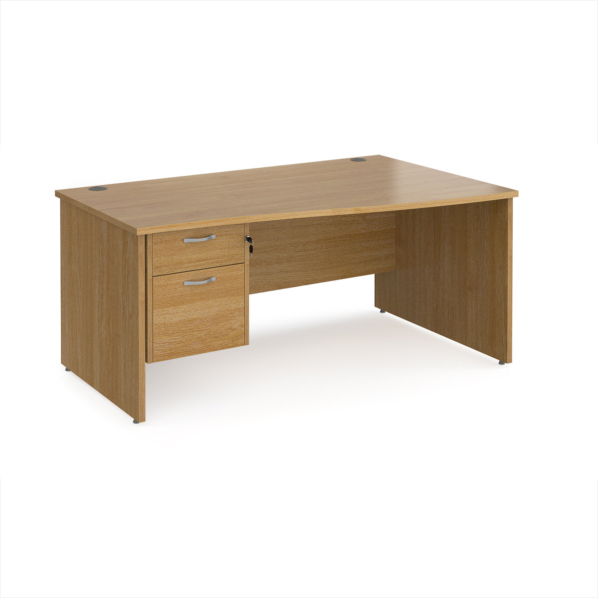 Maestro 25 right hand wave desk 1600mm wide with 2 drawer pedestal - Oak Top with panel end leg - view 1