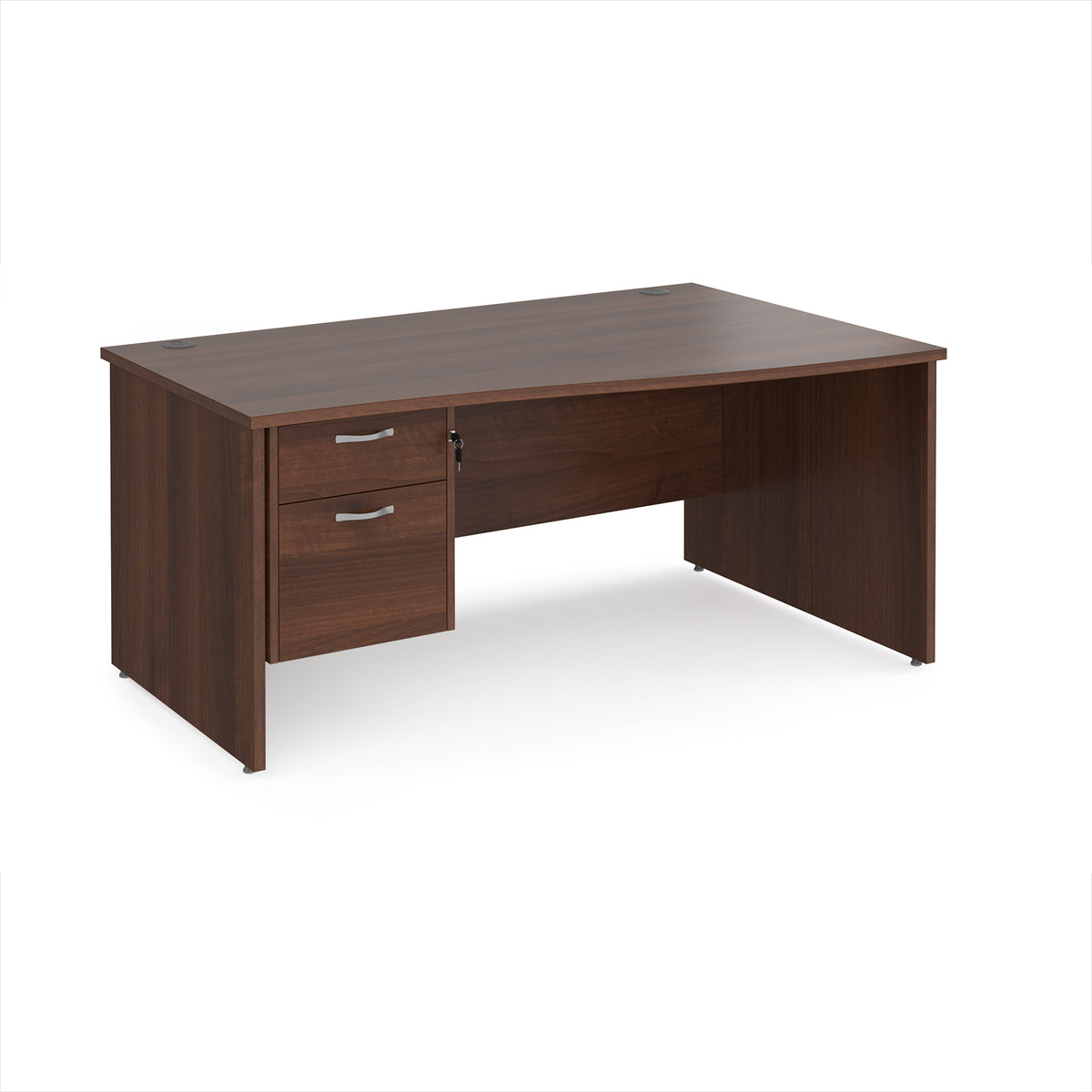Maestro 25 right hand wave desk 1600mm wide with 2 drawer pedestal - Walnut top with panel end leg - view 1