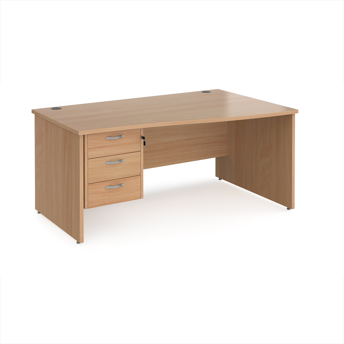 Maestro 25 right hand wave desk 1600mm wide with 3 drawer pedestal - Beech top with panel end leg - view 1