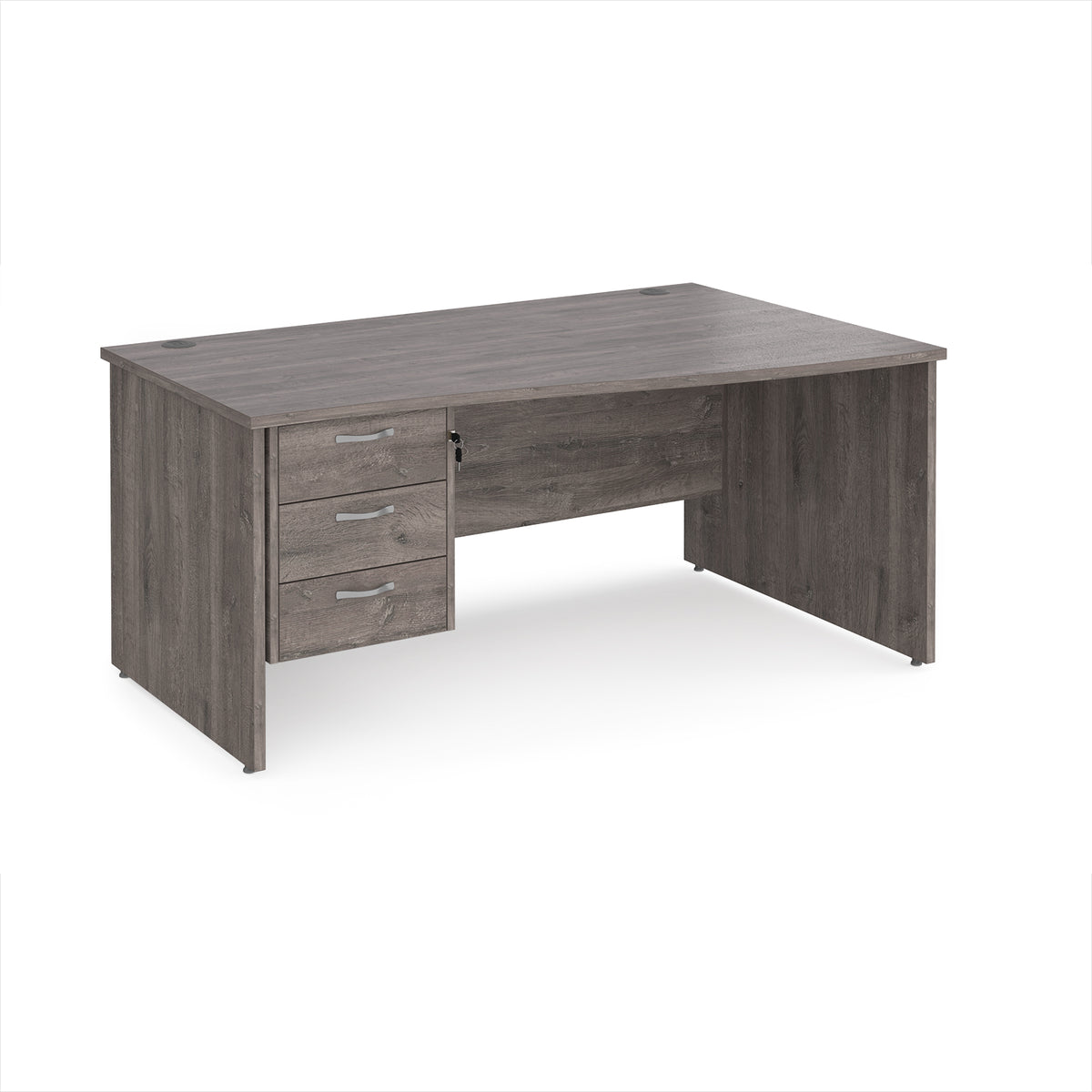 Maestro 25 right hand wave desk 1600mm wide with 3 drawer pedestal - Grey Oak Top with panel end leg - view 1