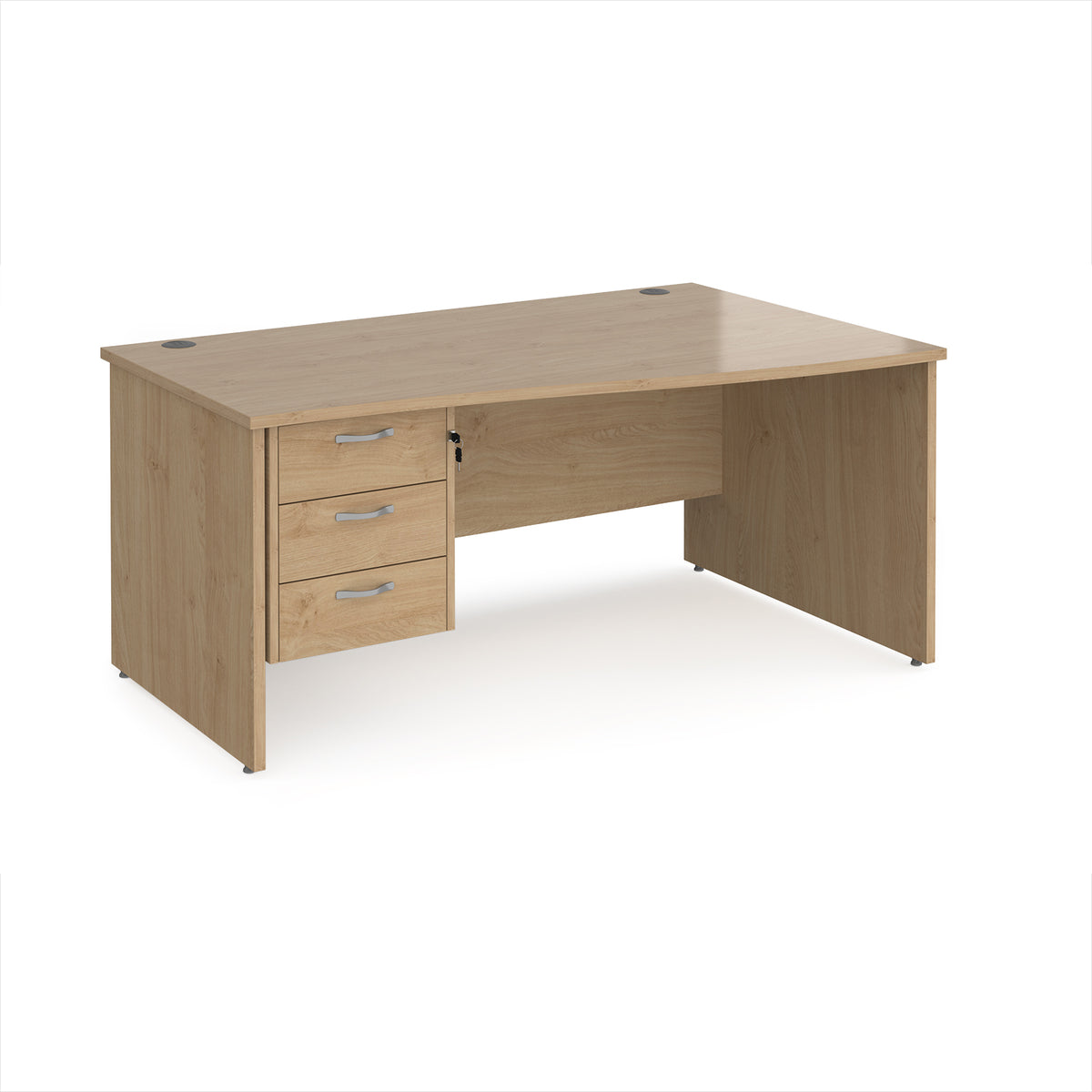 Maestro 25 right hand wave desk 1600mm wide with 3 drawer pedestal - Kendal Oak Top with panel end leg - view 1