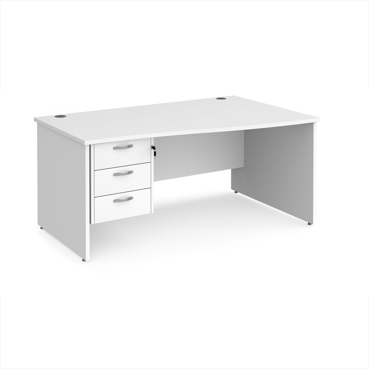 Maestro 25 right hand wave desk 1600mm wide with 3 drawer pedestal - White Top with panel end leg - view 1
