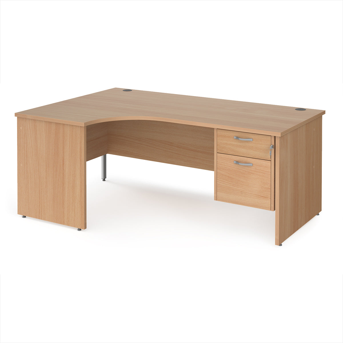 Maestro 25 left hand ergonomic desk 1800mm wide with 2 drawer pedestal - Beech top with panel end leg - view 1