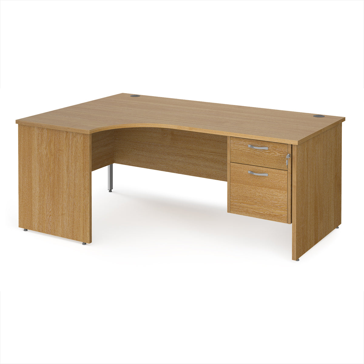 Maestro 25 left hand ergonomic desk 1800mm wide with 2 drawer pedestal - Oak Top with panel end leg - view 1