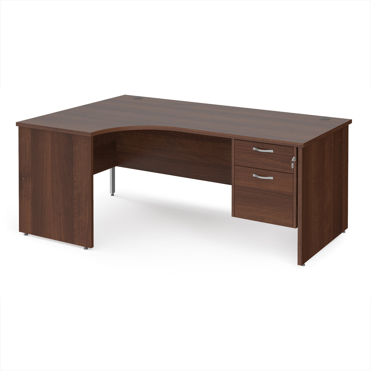 Maestro 25 left hand ergonomic desk 1800mm wide with 2 drawer pedestal - Walnut top with panel end leg - view 1