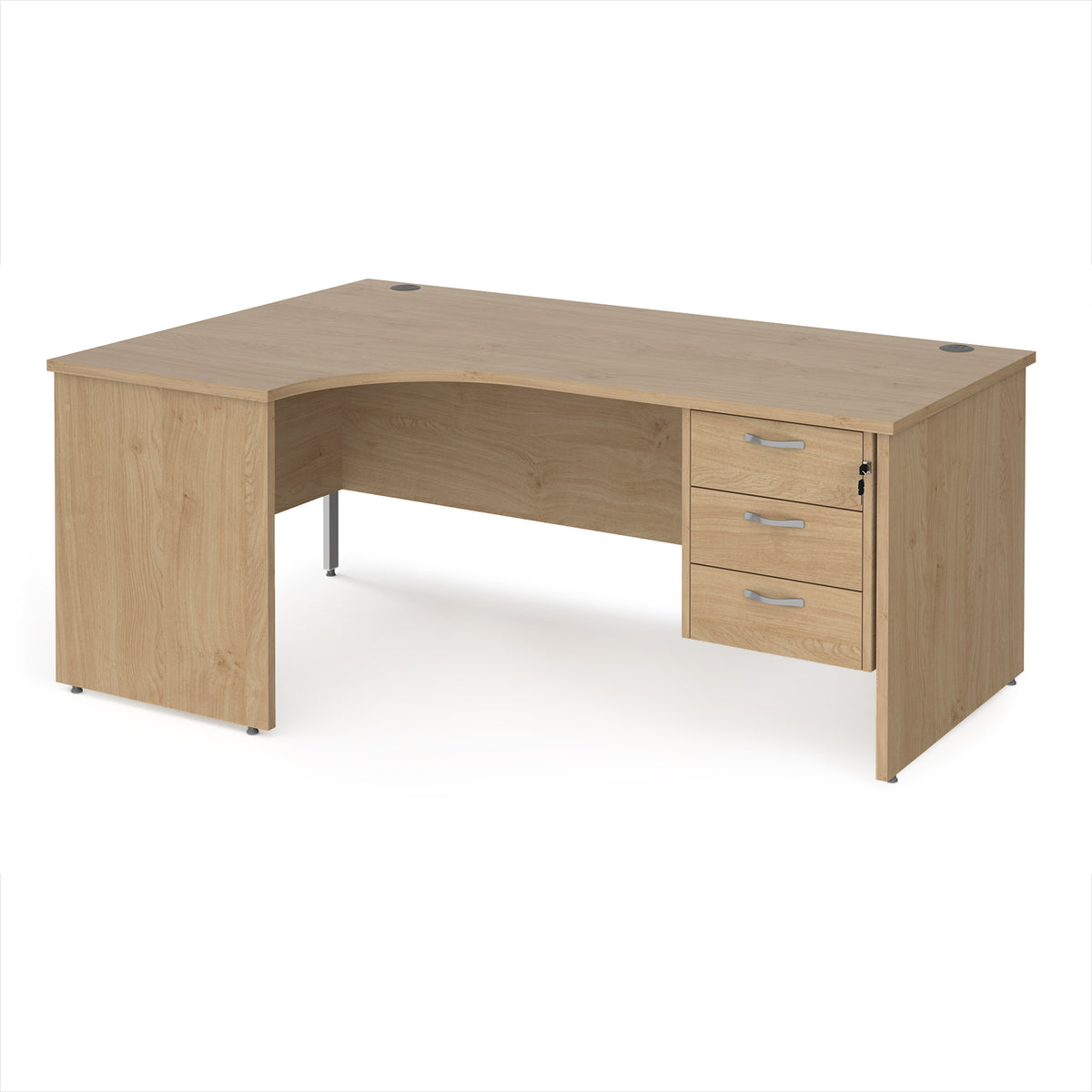 Maestro 25 left hand ergonomic desk 1800mm wide with 3 drawer pedestal - Kendal Oak Top with panel end leg - view 1
