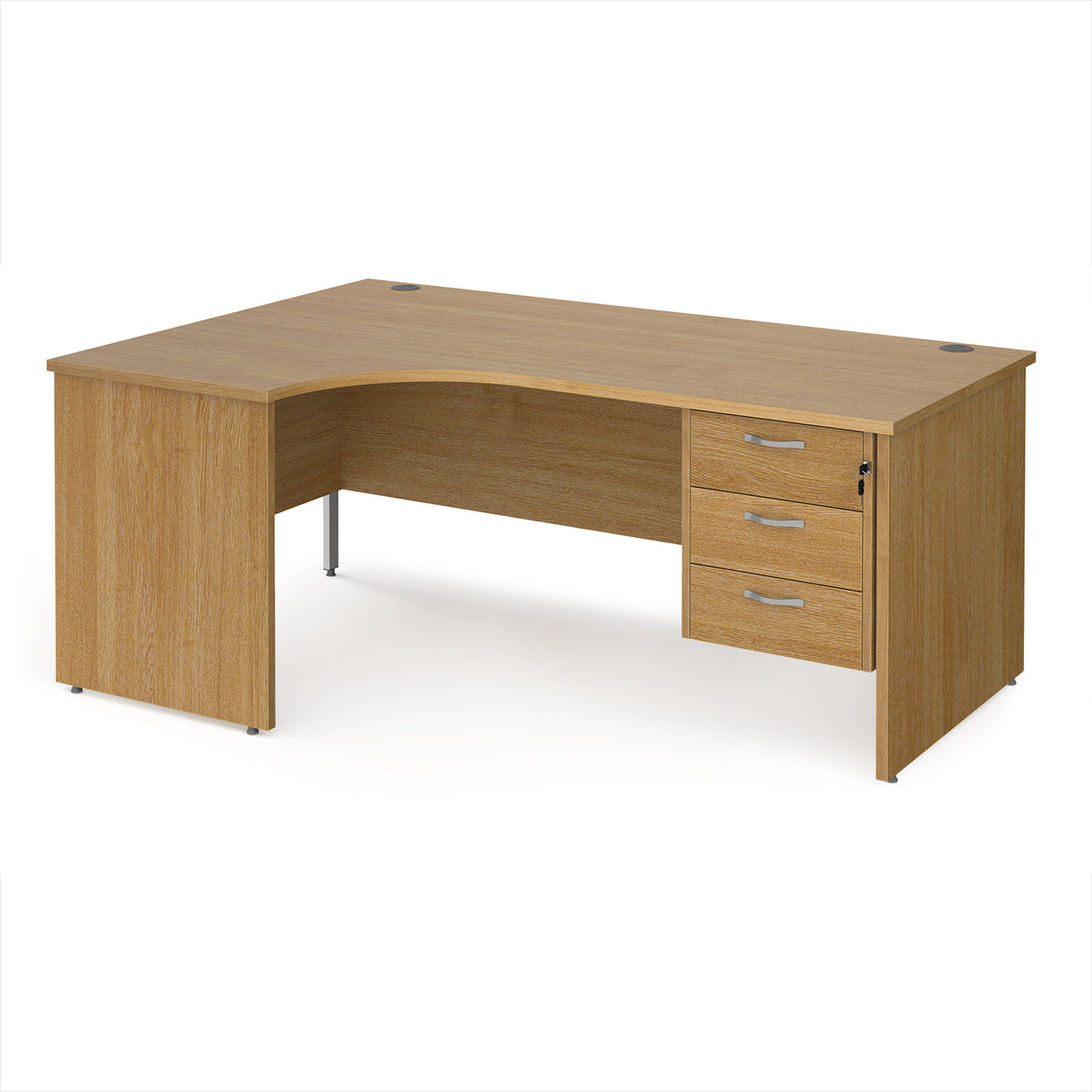 Maestro 25 left hand ergonomic desk 1800mm wide with 3 drawer pedestal - Oak Top with panel end leg - view 1