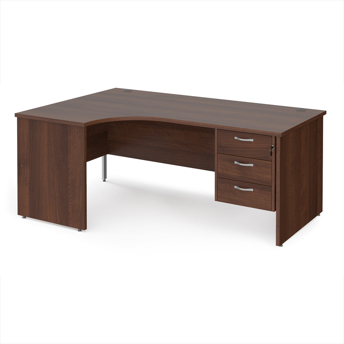 Maestro 25 left hand ergonomic desk 1800mm wide with 3 drawer pedestal - Walnut top with panel end leg - view 1