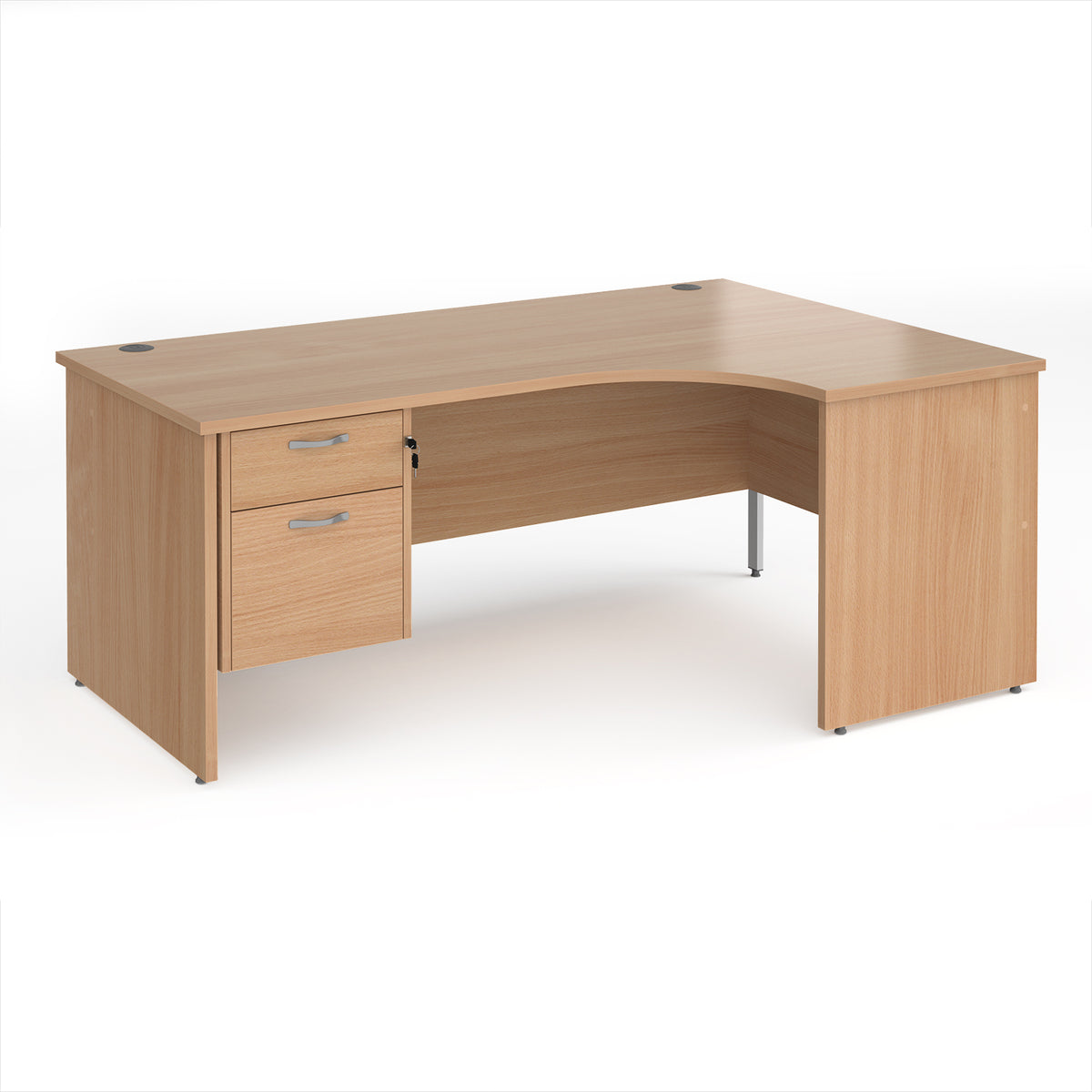 Maestro 25 right hand ergonomic desk 1800mm wide with 2 drawer pedestal - Beech top with panel end leg - view 1
