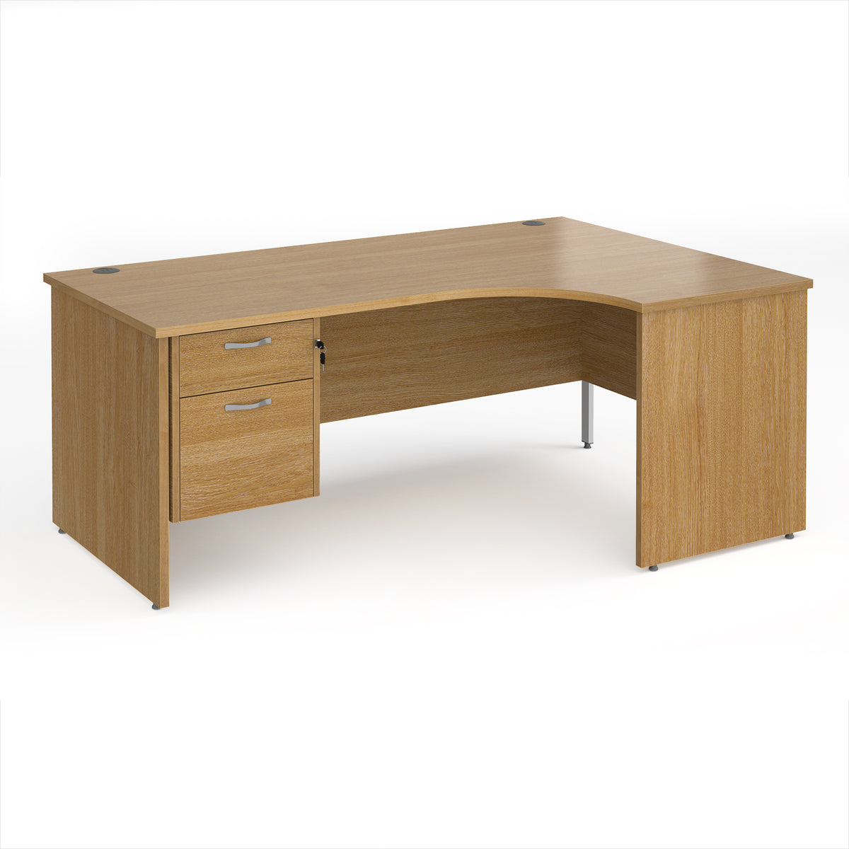 Maestro 25 right hand ergonomic desk 1800mm wide with 2 drawer pedestal - Oak Top with panel end leg - view 1