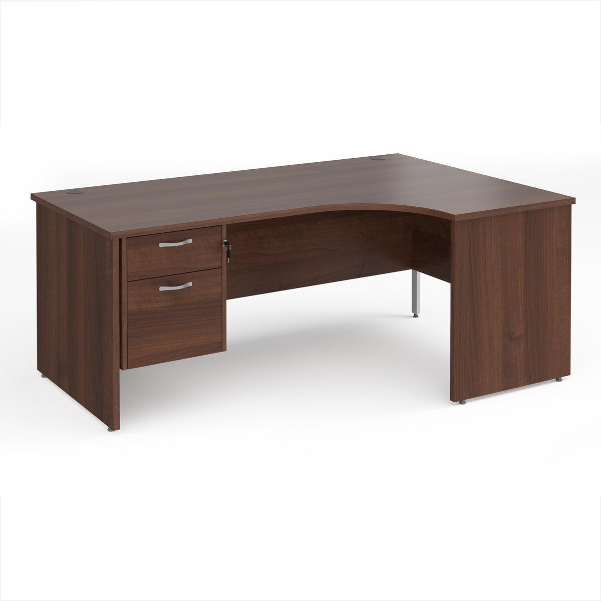 Maestro 25 right hand ergonomic desk 1800mm wide with 2 drawer pedestal - Walnut top with panel end leg - view 1