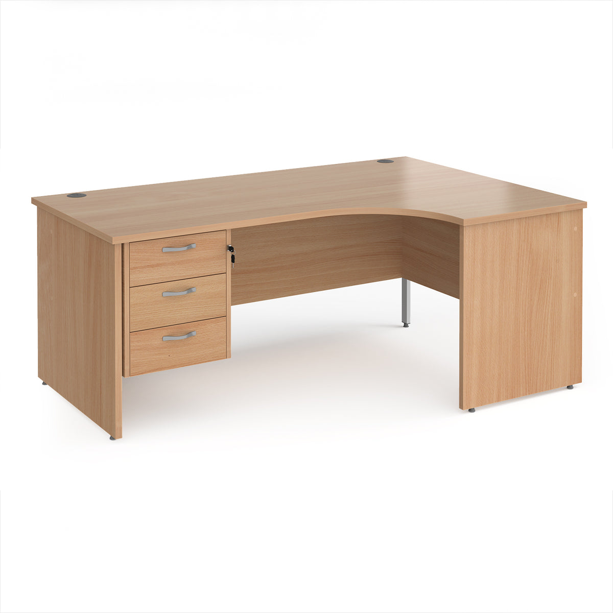 Maestro 25 right hand ergonomic desk 1800mm wide with 3 drawer pedestal - Beech top with panel end leg - view 1