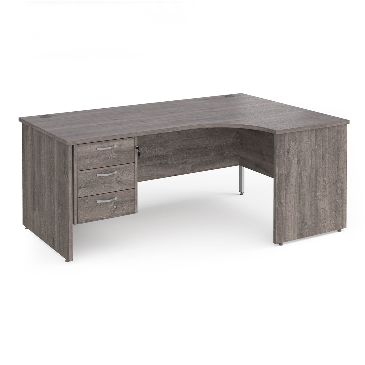 Maestro 25 right hand ergonomic desk 1800mm wide with 3 drawer pedestal - Grey Oak Top with panel end leg - view 1