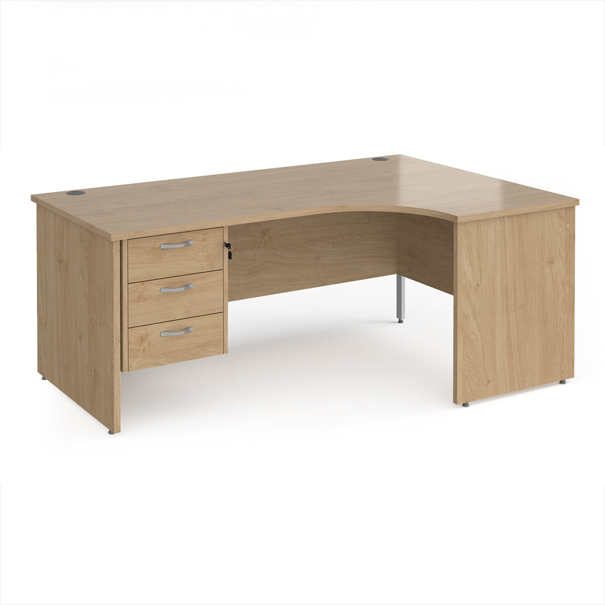 Maestro 25 right hand ergonomic desk 1800mm wide with 3 drawer pedestal - Kendal Oak Top with panel end leg - view 1