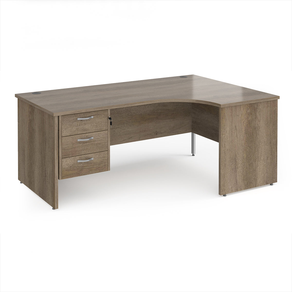 Maestro 25 right hand ergonomic desk 1800mm wide with 3 drawer pedestal - Nebraska Oak Top with panel end leg - view 1