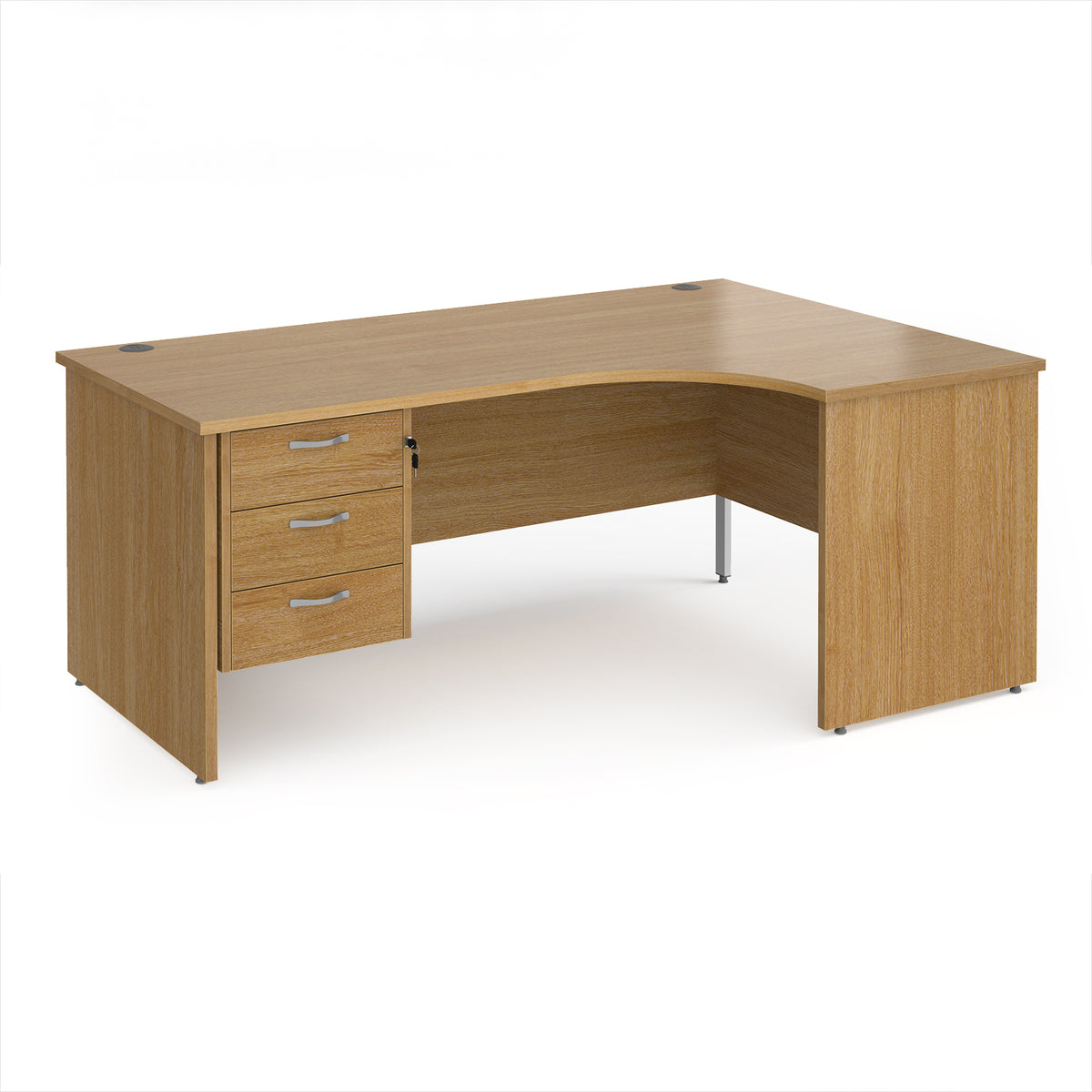Maestro 25 right hand ergonomic desk 1800mm wide with 3 drawer pedestal - Oak Top with panel end leg - view 1