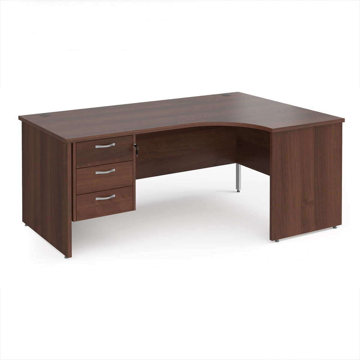 Maestro 25 right hand ergonomic desk 1800mm wide with 3 drawer pedestal - Walnut top with panel end leg - view 1