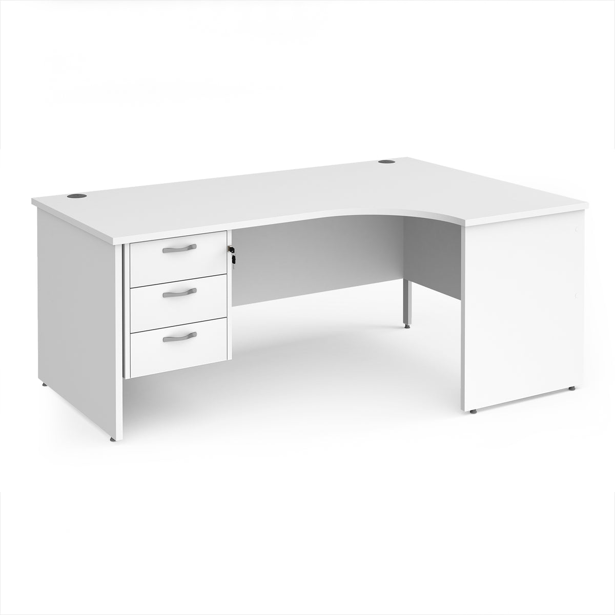 Maestro 25 right hand ergonomic desk 1800mm wide with 3 drawer pedestal - White Top with panel end leg - view 1