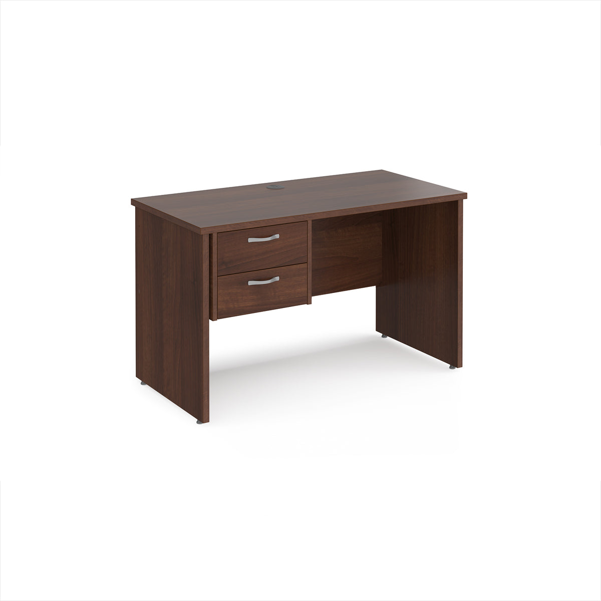 Maestro 25 straight desk 1200mm x 600mm with 2 drawer pedestal - Walnut top with panel end leg - view 1