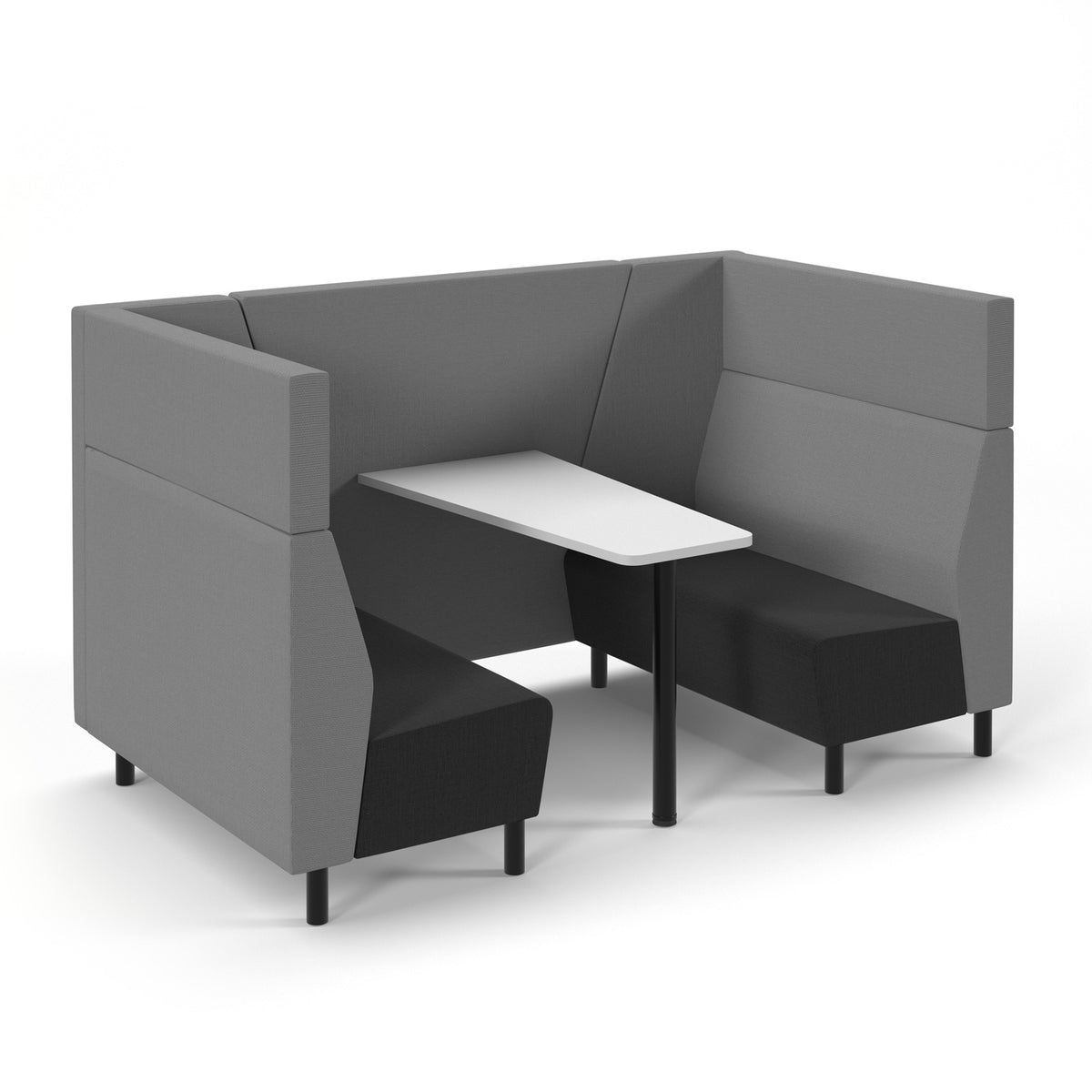 Muse 4 person fabric booth with white table, black legs and upholstered in black seats with grey backs and infill - view 1