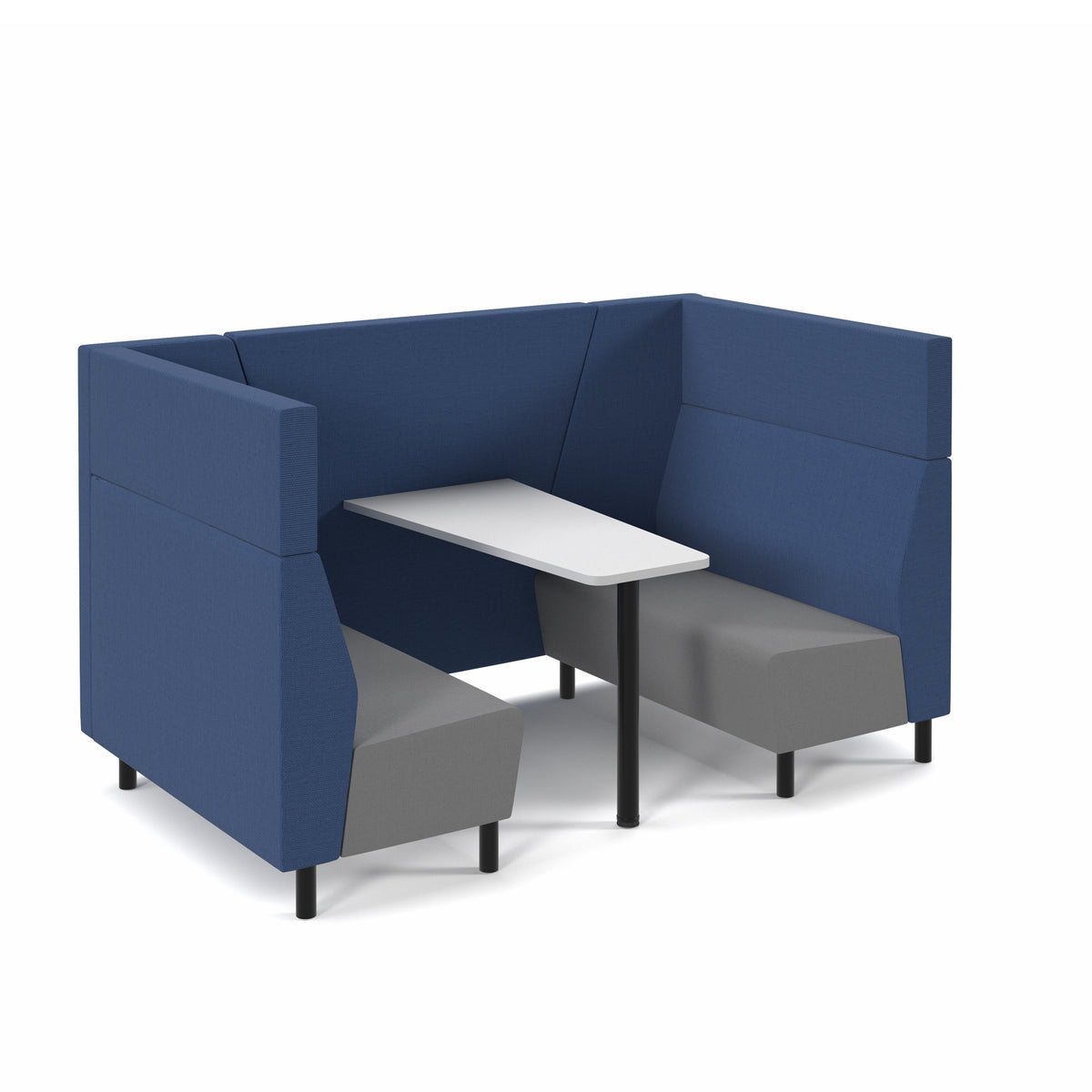 Muse 4 person fabric booth with white table, black legs and upholstered in grey seats with blue backs and infill - view 1