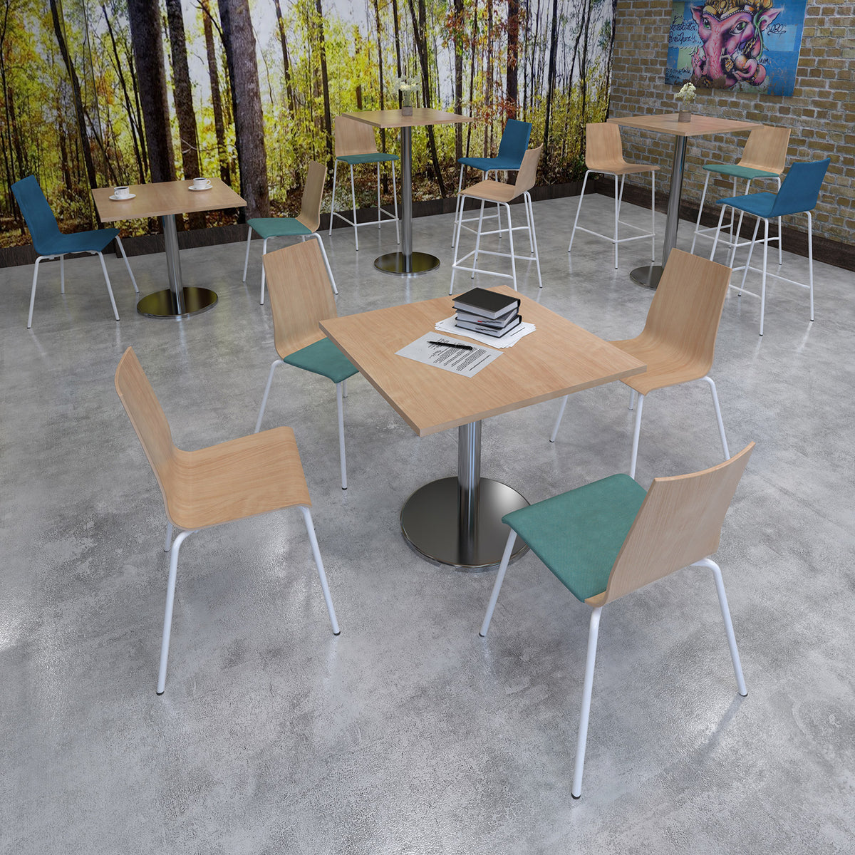 Pisa square dining table with round chrome base 800mm - Beech - view 2