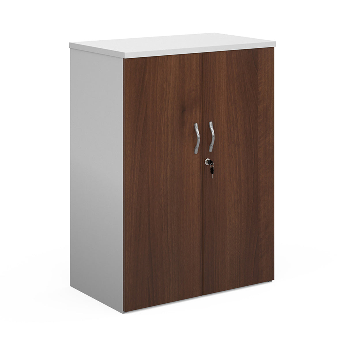 Duo double door cupboard 1090mm high with 2 shelves - white with Walnut doors - view 1