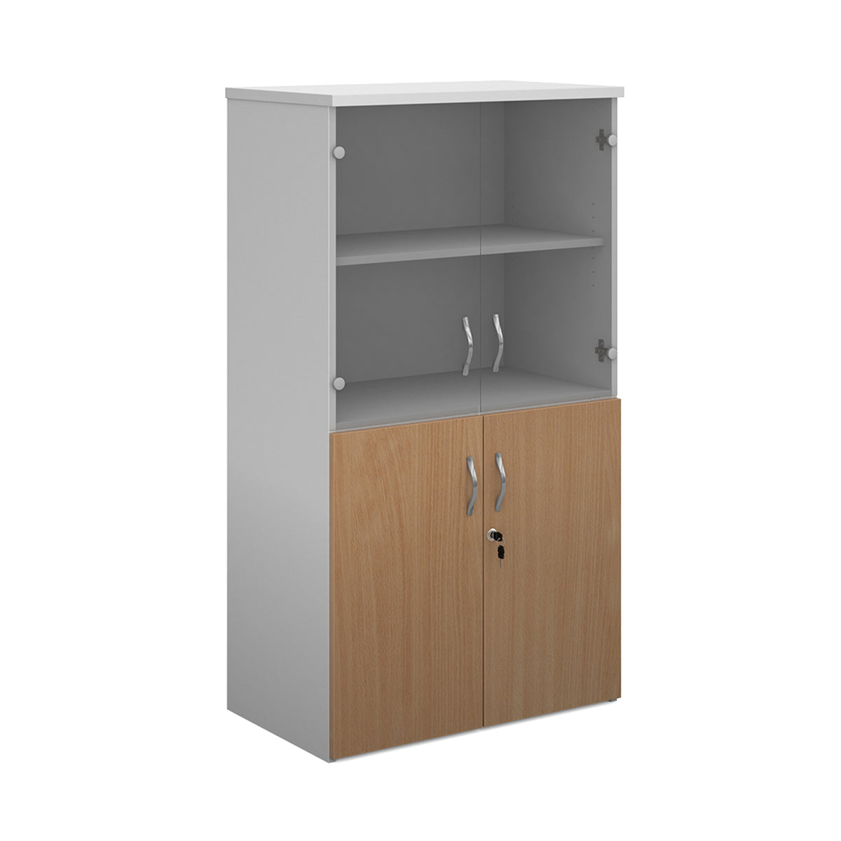 Duo combination unit with glass upper doors 1440mm high with 3 shelves - white with Beech lower doors - view 1