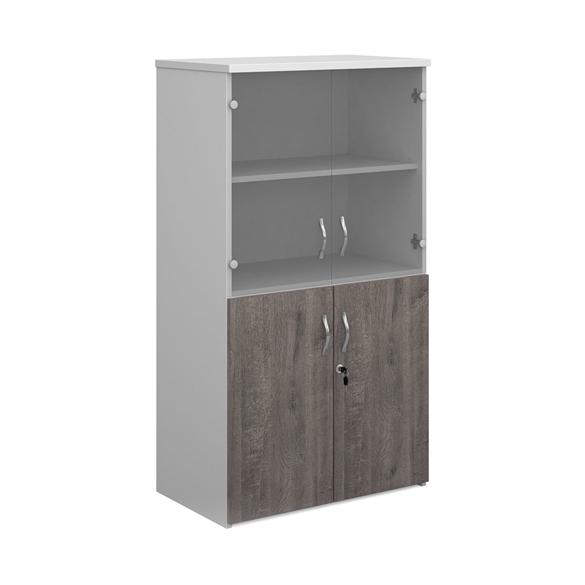 Duo combination unit with glass upper doors 1440mm high with 3 shelves - white with Grey Oak lower doors - view 1
