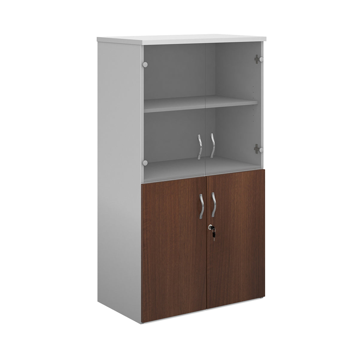 Duo combination unit with glass upper doors 1440mm high with 3 shelves - white with Walnut lower doors - view 1