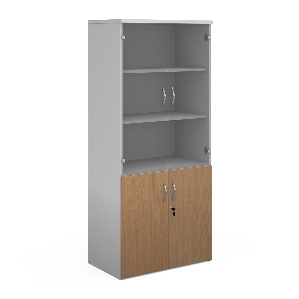 Duo combination unit with glass upper doors 1790mm high with 4 shelves - white with Beech lower doors - view 1