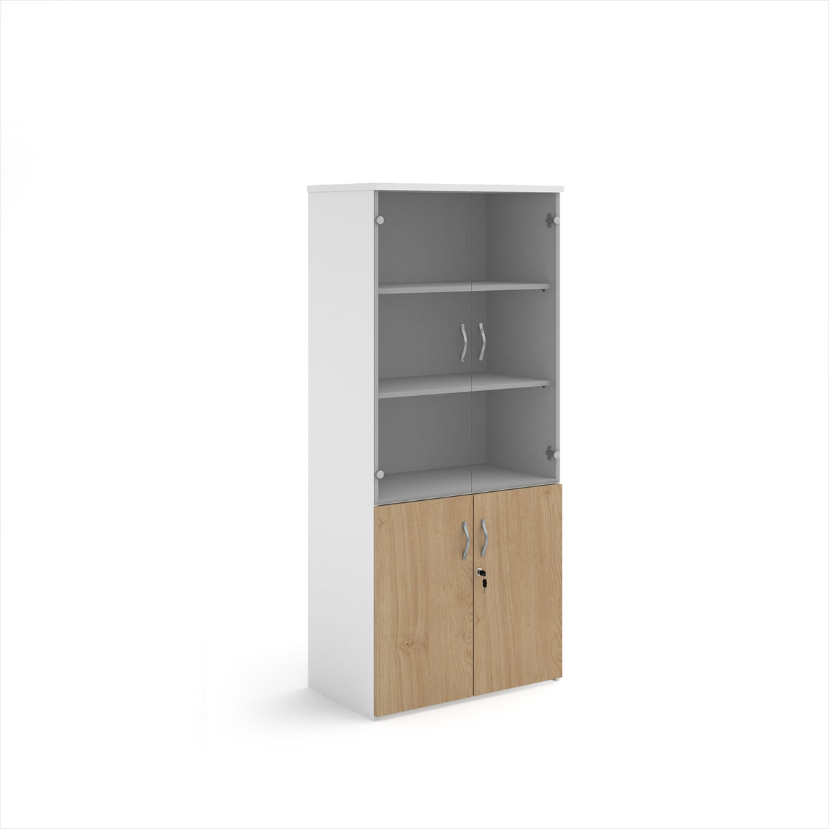 Duo combination unit with glass upper doors 1790mm high with 4 shelves - white with Kendal oak lower doors - view 1