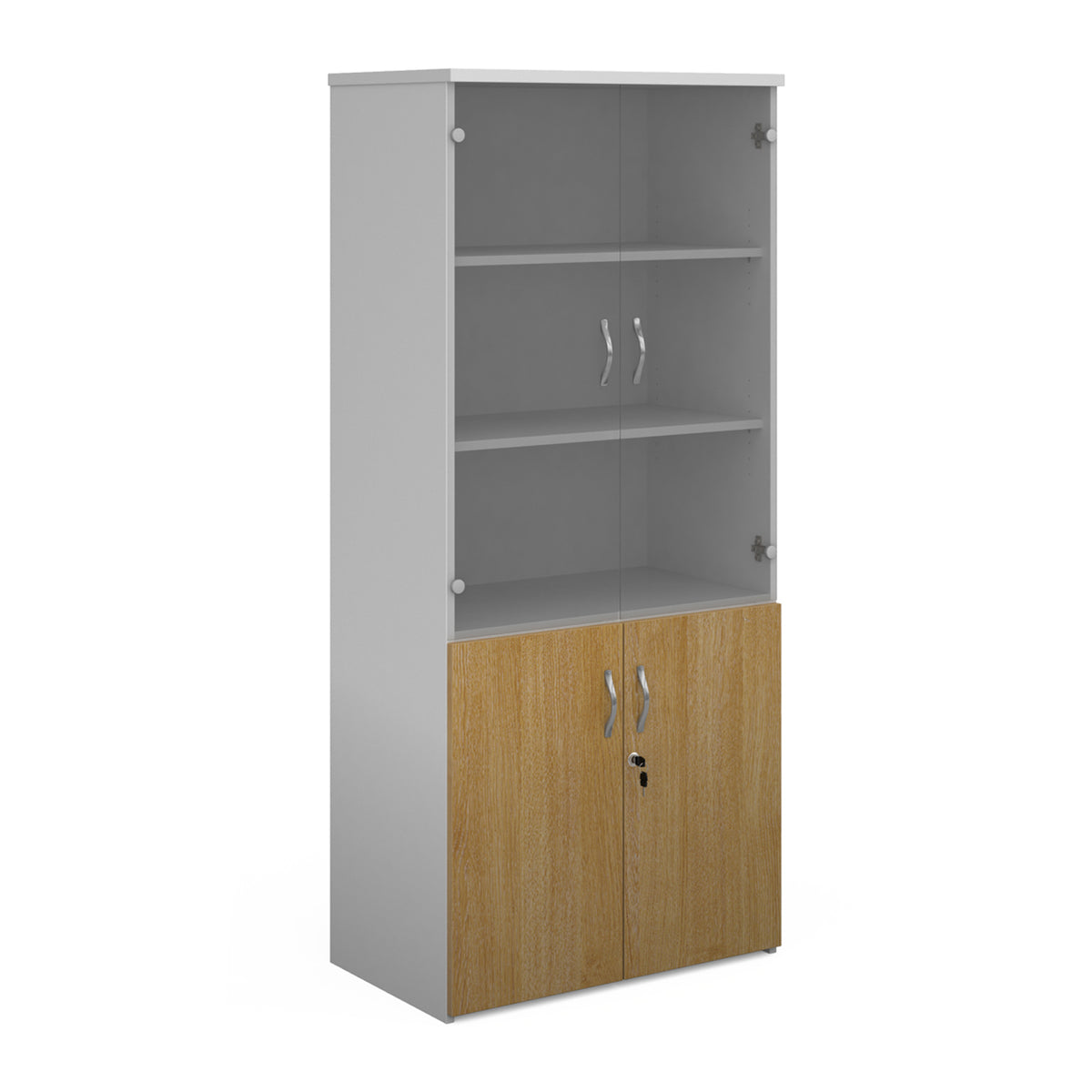 Duo combination unit with glass upper doors 1790mm high with 4 shelves - white with oak lower doors - view 1